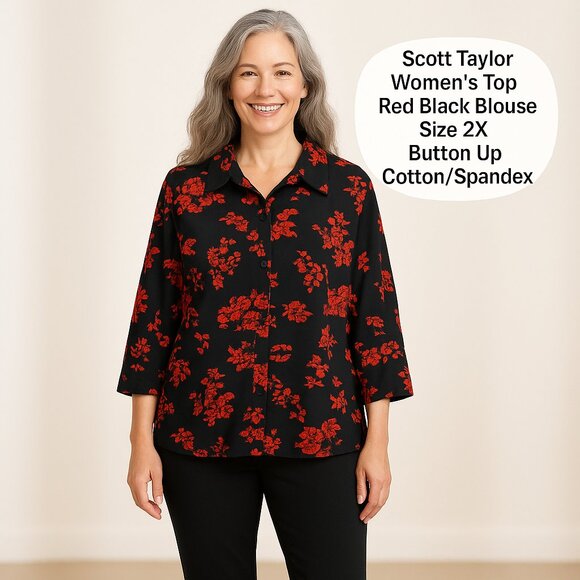 Scott Taylor Women's Top Red Black Blouse Size 2X Button Up Cotton/Spandex #BH - Picture 1 of 7